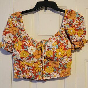 SO Cropped Floral Puff Sleeve Top, Orange Floral, Large